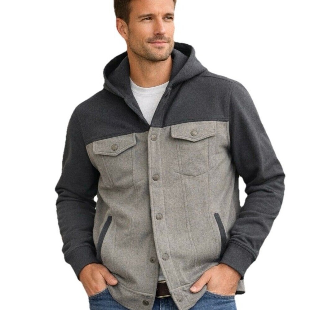 Levi’s Hooded Trucker Jacket XL Gray Snap Front Fleece Sweatshirt Coat Men